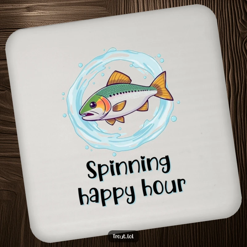 Funny drink coasters featuring a trout comically spinning in a water swirl, offering humorous protection for tables from drink rings.