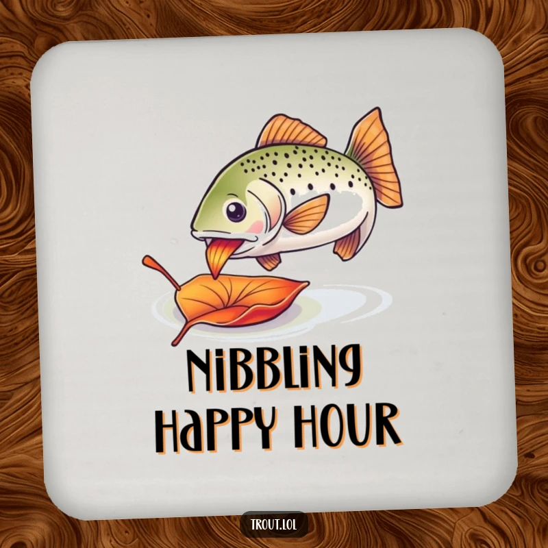 Funny trout leaf drink coaster featuring an enthusiastic trout nibbling on a colorful drifting leaf, protecting surfaces.