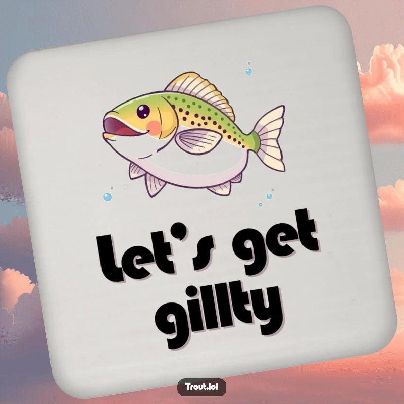 Funny drink coaster with a happy trout twirling underwater, offering surface protection with a delightful dose of aquatic humor.
