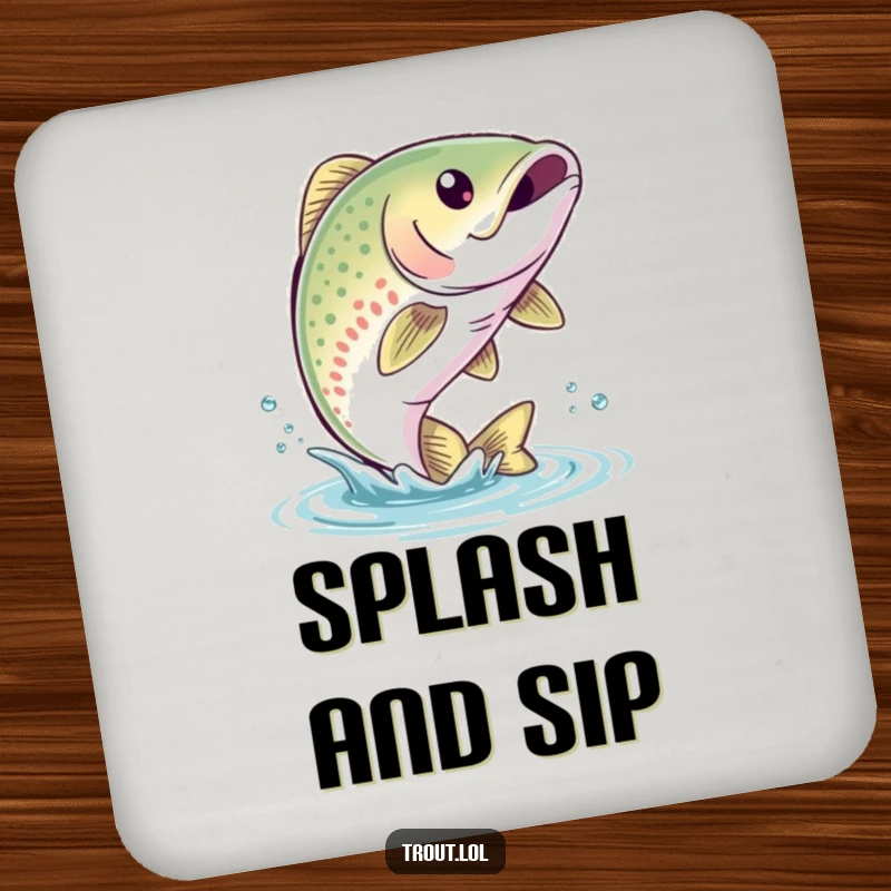 Funny Trout Leap Coasters featuring a cute trout with a bubbly smile leaping out of the water, protecting surfaces with aquatic humor.
