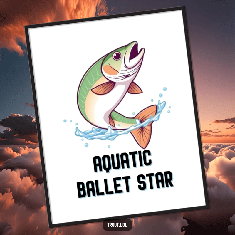 Funny poster art of a trout performing a graceful flip in vibrant clear blue water, celebrating aquatic beauty and motion.