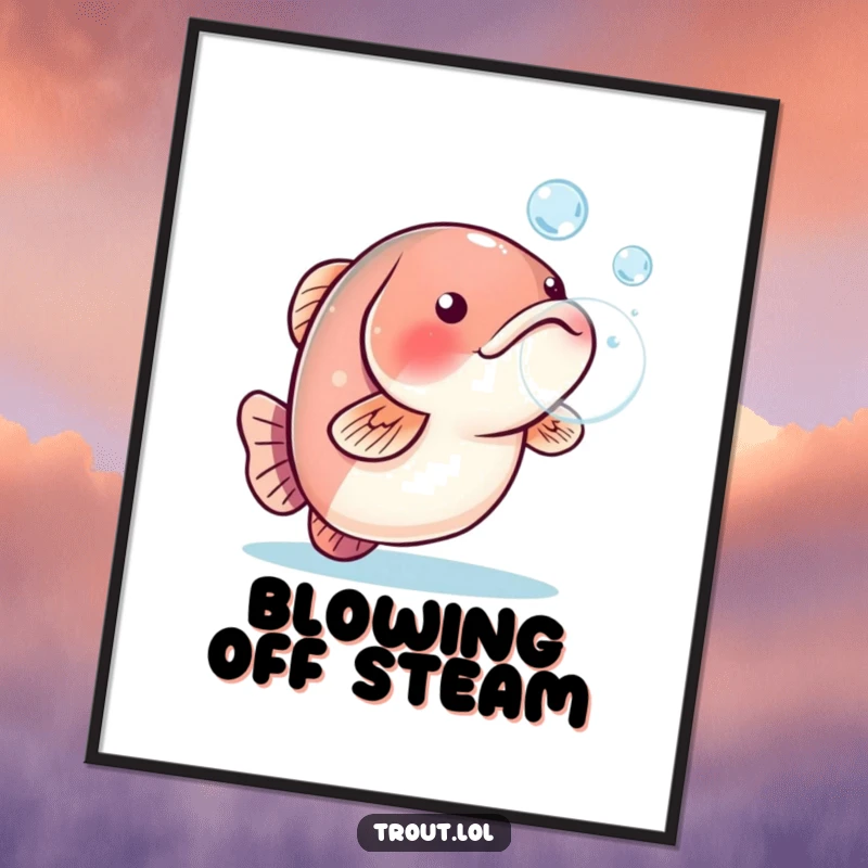 Funny poster featuring a playful trout blowing a big water bubble, adding a touch of fun decor.