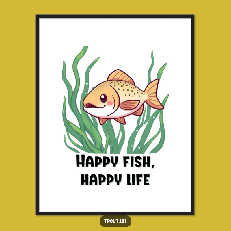 Funny Kawaii Trout Poster: Cheerful Seaweed Art, Perfect Aquatic Decor