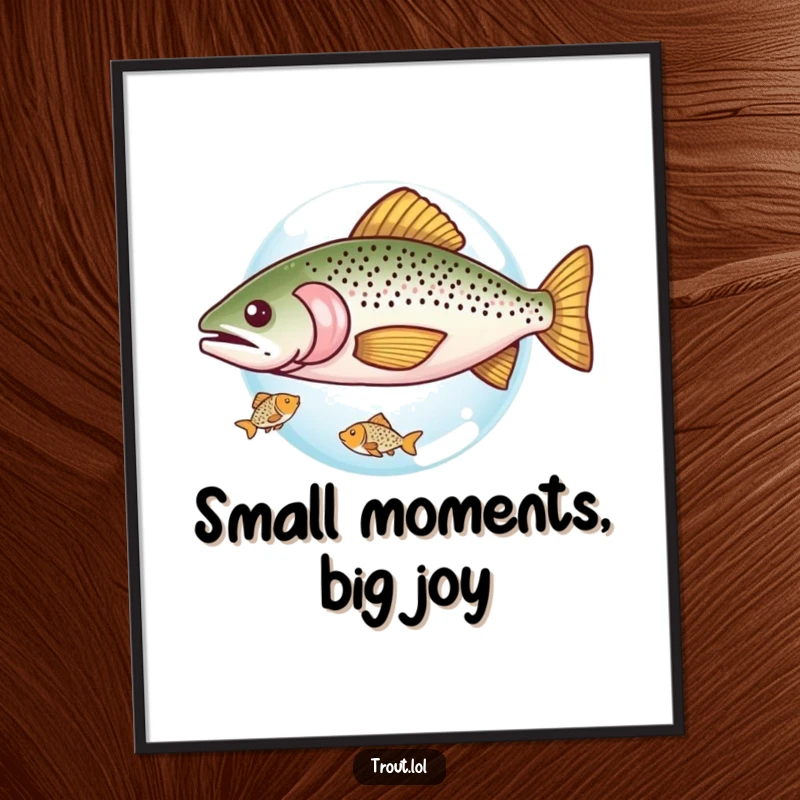 Funny poster art of a trout generously sharing a very small bubble with a much smaller fish, a humorous and heartwarming illustration of friendship.