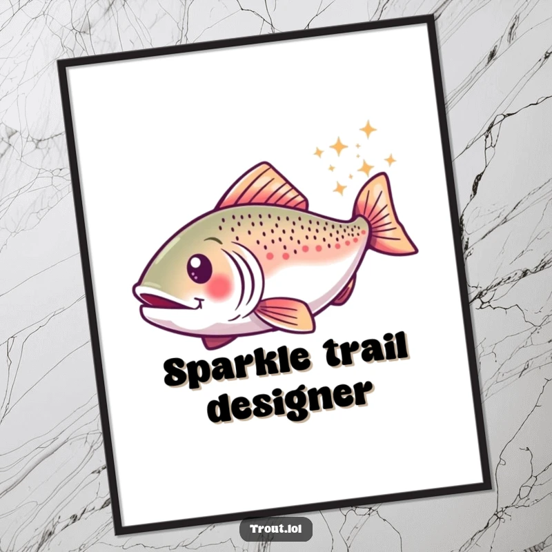 Funny poster art of a trout in a happy swirl, leaving a vibrant trail of sparkles, embodying enchantment and joyful movement.