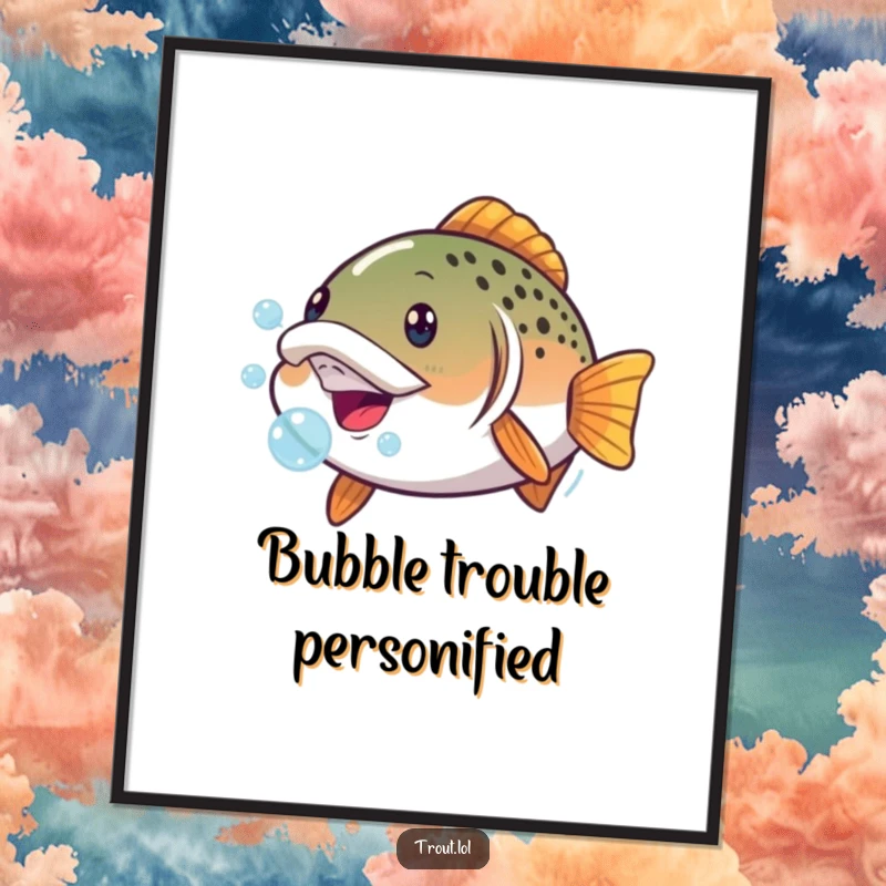 Funny poster of a trout making a hilarious face with bubbles escaping its mouth, an absurd and comical piece of aquatic art.