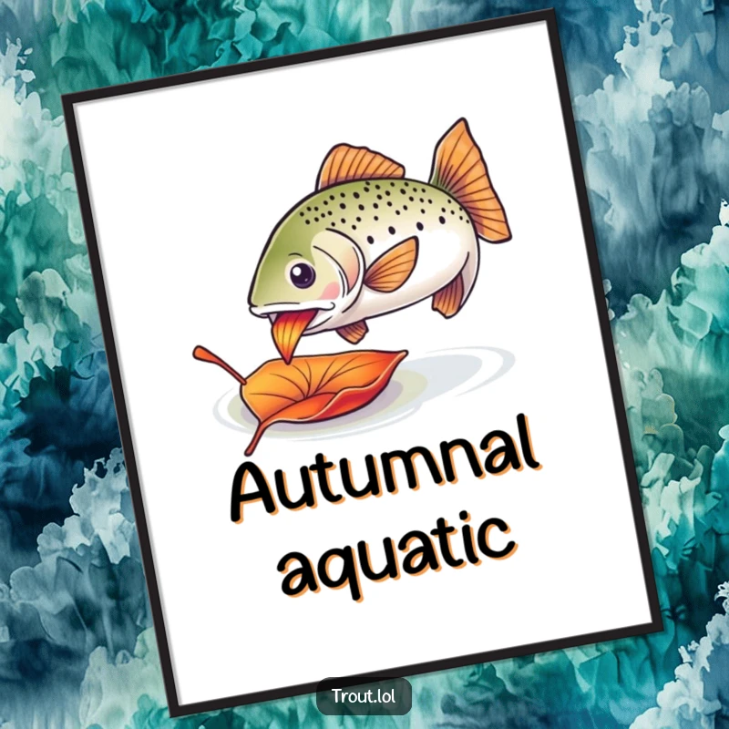 Funny trout nibbling poster print of an enthusiastic trout happily munching on a colorful drifting leaf.