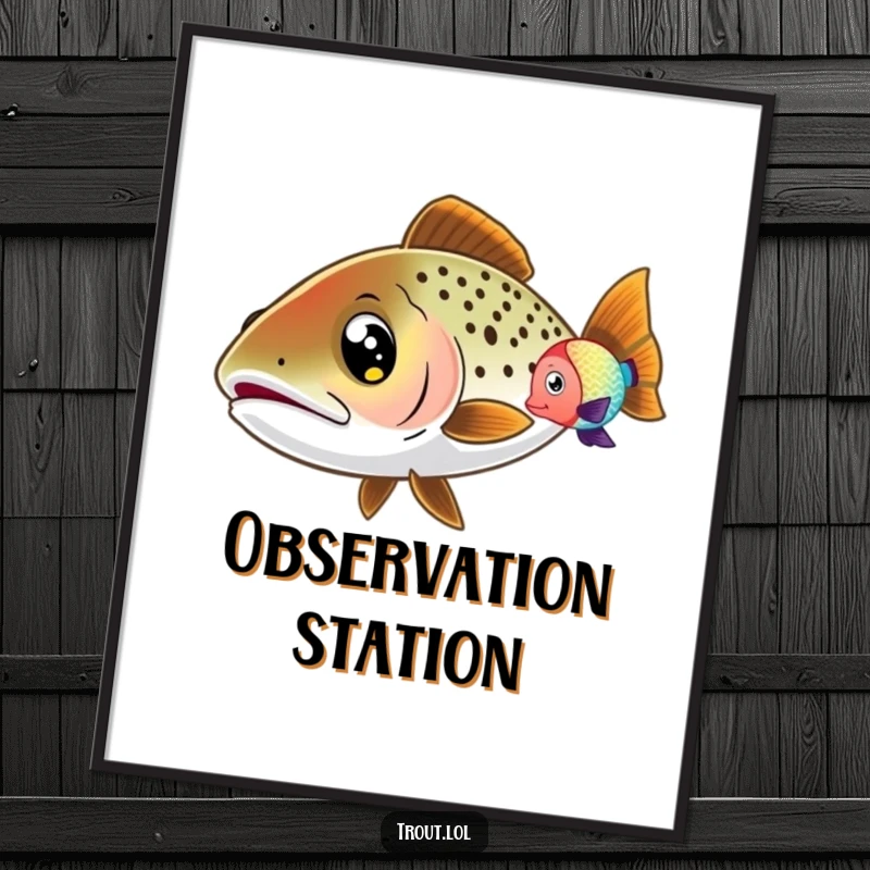 Funny Wide-Eyed Trout Poster featuring a trout with wide eyes, curiously watching a colorful fish swim by, creating a humorous and charming wall decoration.