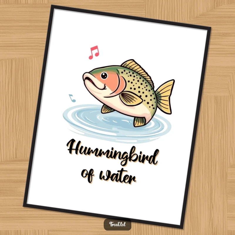 Funny poster featuring a trout humming a happy tune, with musical notes gracefully floating in the water, creating a peaceful scene.
