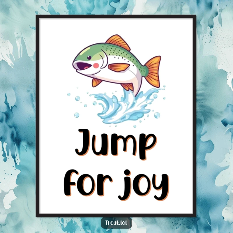 Funny poster featuring a cute kawaii trout leaping joyfully out of a sparkling wave, adding a touch of fun.