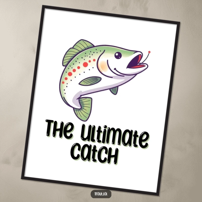 Funny poster capturing a trout's energetic chase after a minnow, adding a vibrant and humorous touch to wall decor for any space.