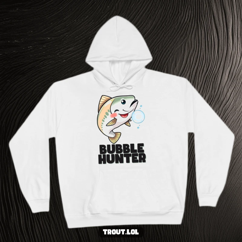 Funny hoodie depicting a happy trout with a wide grin, playfully pursuing a shiny, shimmering bubble underwater.