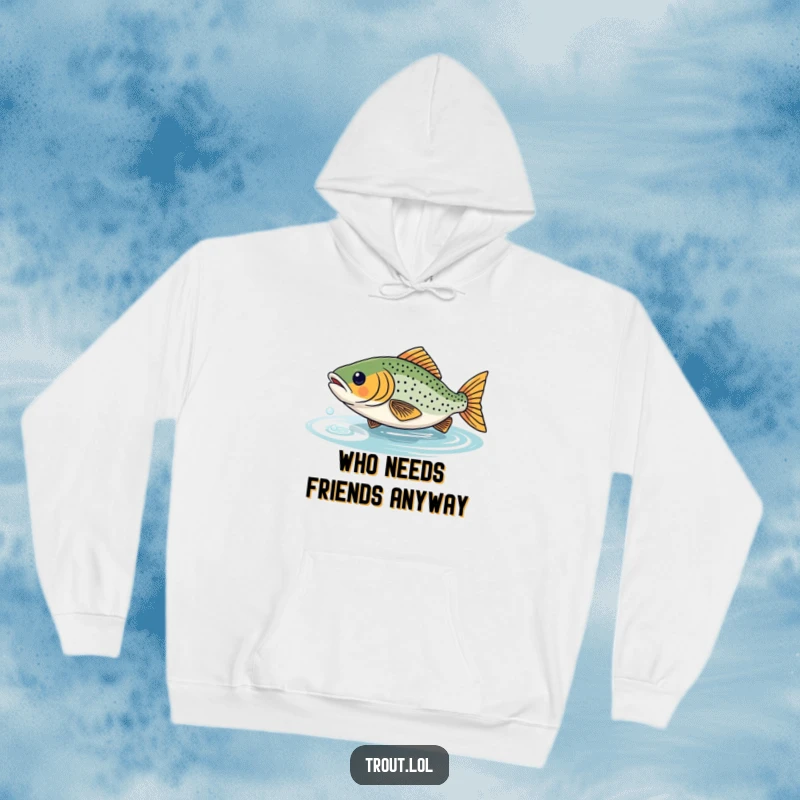 Funny hoodie featuring a trout comically pursuing its shimmering reflection, ideal for humorous and warm wear.