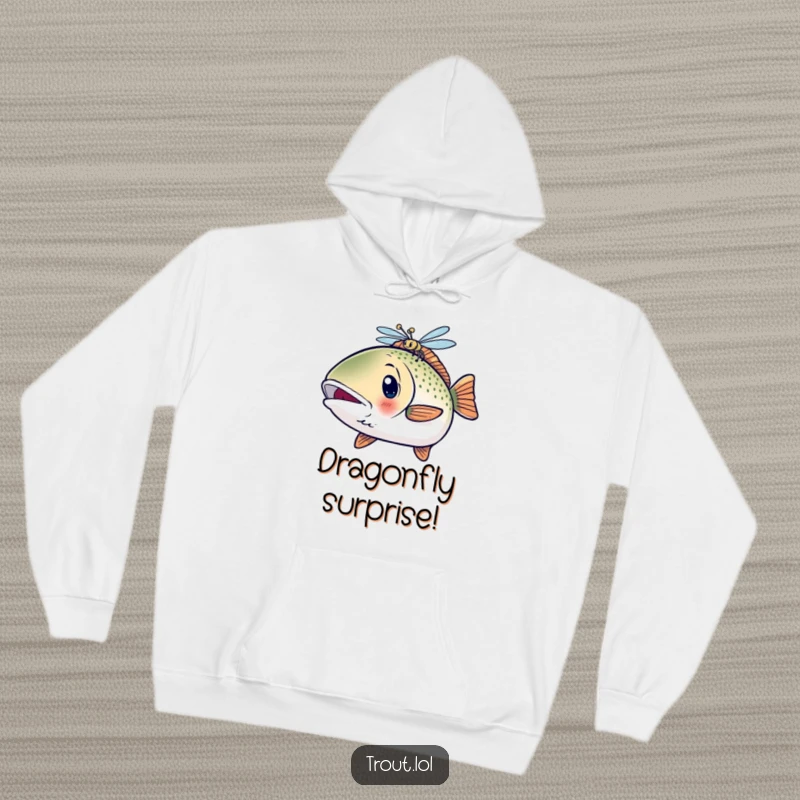 Funny Surprised Kawaii Trout Hoodie featuring a shocked fish gazing at a dragonfly, ideal for cozy humor.