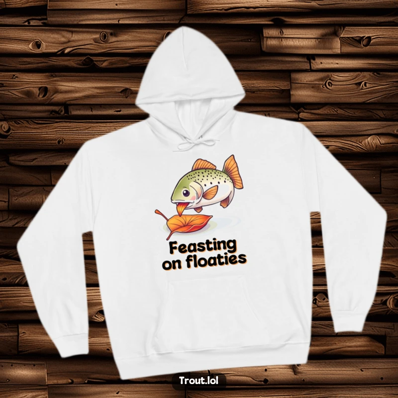 Funny trout leaf hoodie featuring an enthusiastic trout happily nibbling on a colorful drifting leaf.