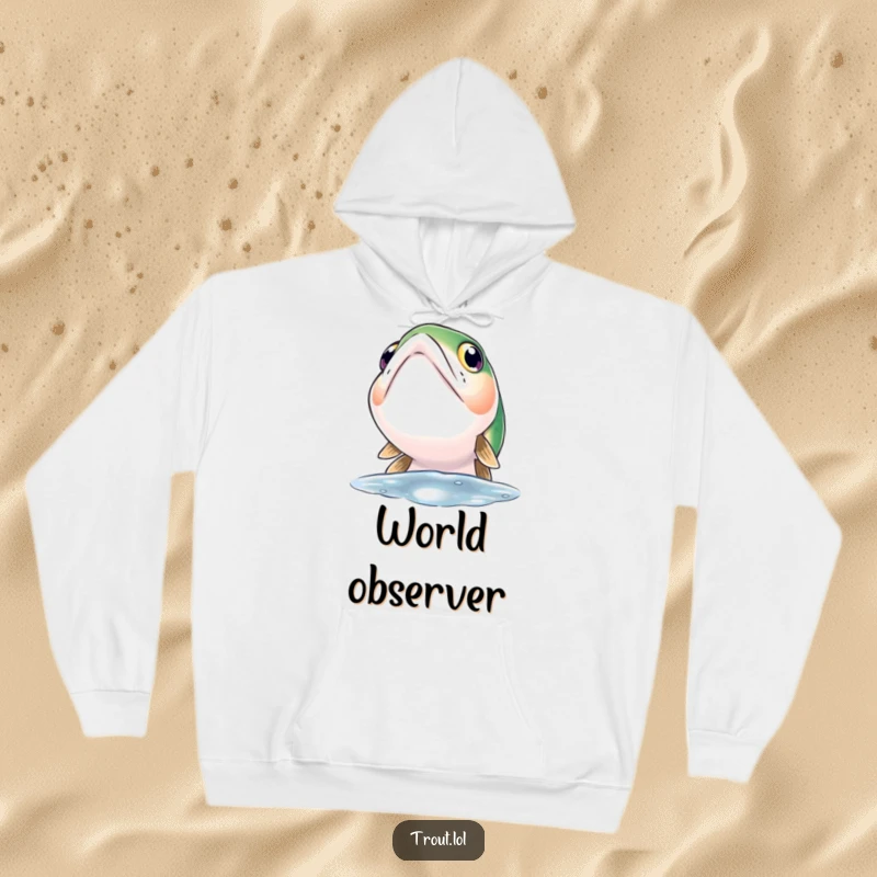 Funny hoodie showing a trout with large, expressive, curious eyes looking up towards the unseen surface above.
