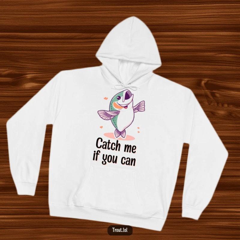Funny hoodie depicting a gleeful trout executing a spectacular full-body flip, symbolizing pure excitement and aquatic celebration, a fisherman's dream.