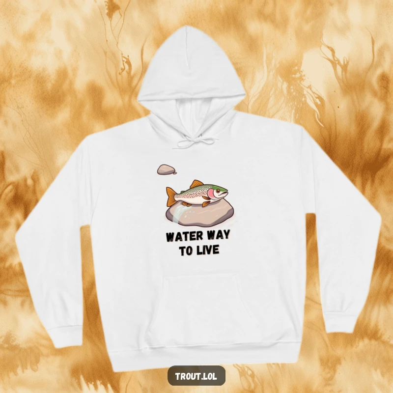 Funny hoodie featuring a trout sliding down a river rock, combining warmth with delightful aquatic humor.