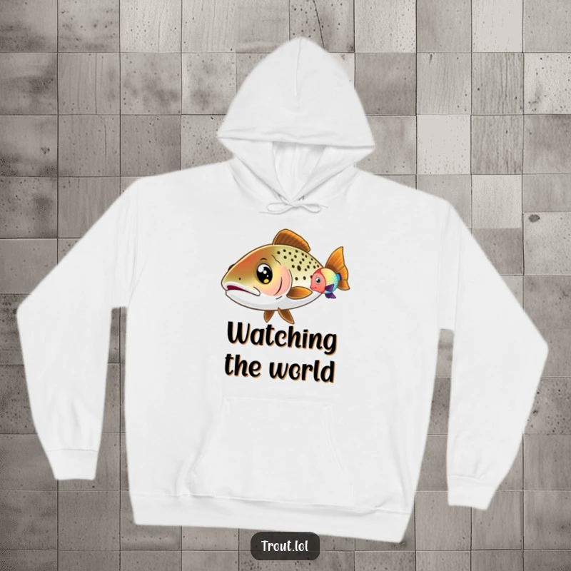 Funny Trout Hoodie showcasing a trout with wide eyes, curiously watching a colorful fish swim by, offering cozy and underwater fun.