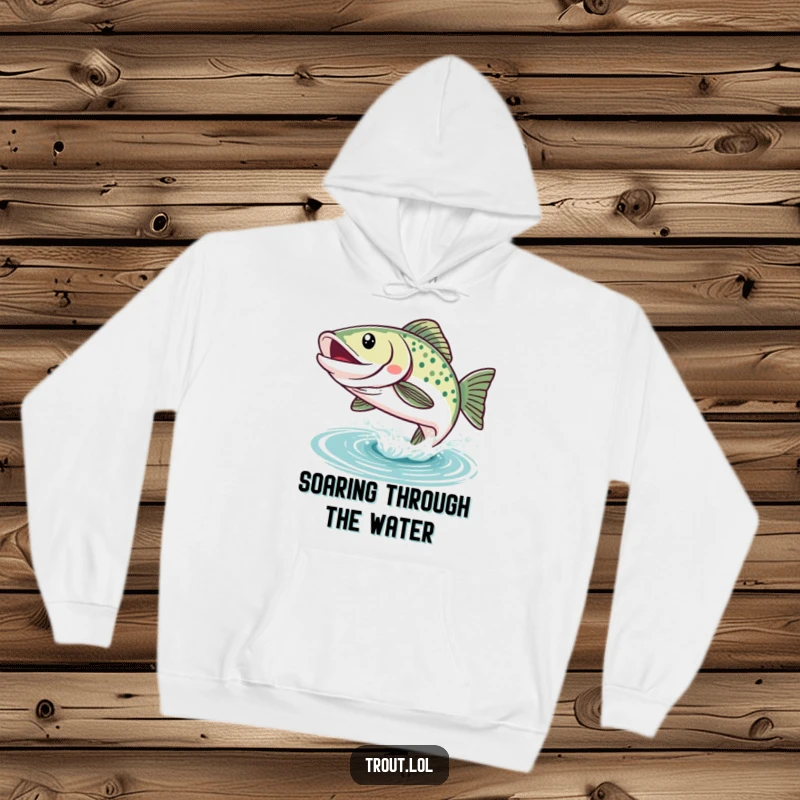 Funny Kawaii Trout Hoodie: A cheerful trout with a wide smile leaps from the water, bringing aquatic fun and prickly comfort.
