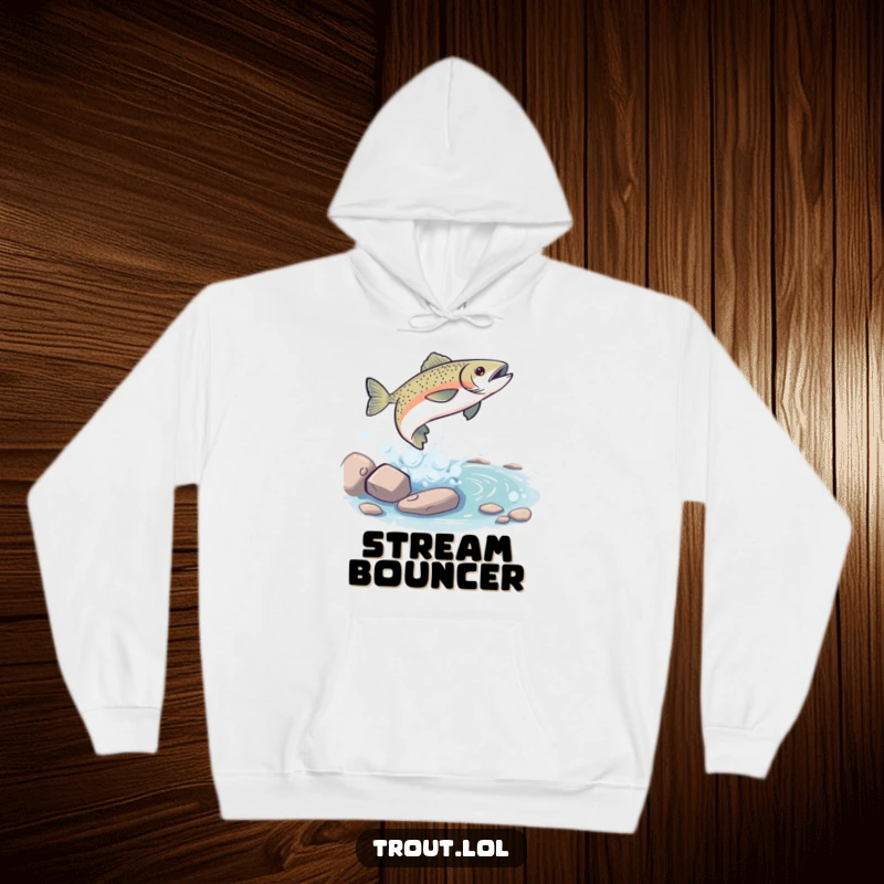 Funny Hoodie: Features a playful trout leaping from a bubbly stream, offering humorous comfort and a love for fishing, a perfect funny gift.