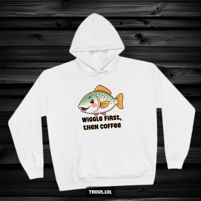 Funny kawaii trout hoodie, depicting a happy fish with an energetic tail wiggle, perfect for cozy and funny gift lovers.