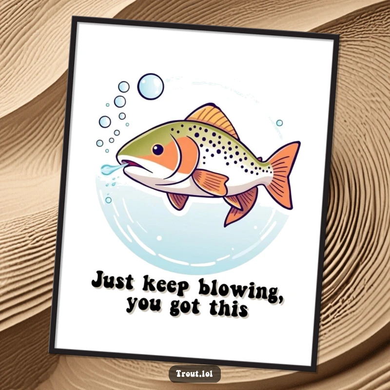 Funny Free Printable Wall Art of a trout blowing stream of bubbly rings underwater, a cute and playful design.