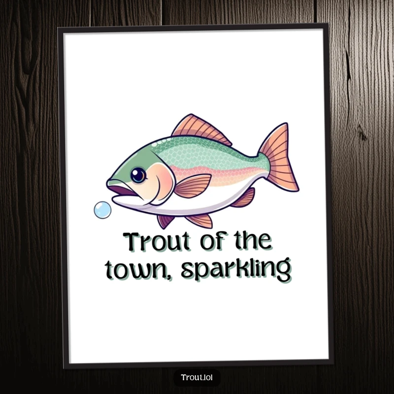 Funny Free Printable Wall Art: A trout with dazzling scales playfully chases a single small bubble. Quirky decor.