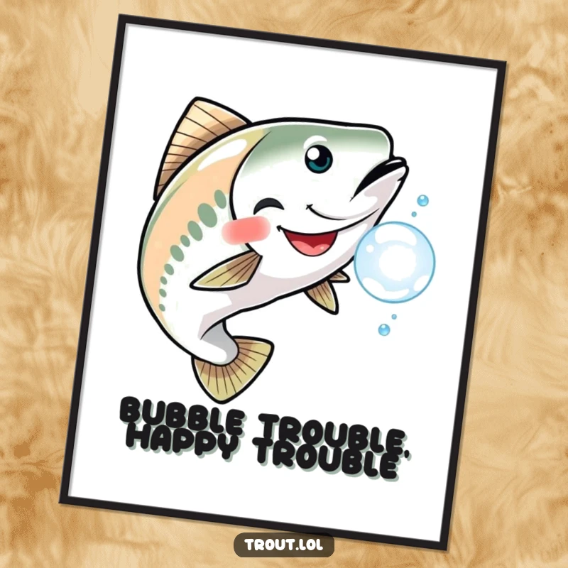 Funny Free Printable Wall Art of a trout with a big grin playfully chasing a shimmering bubble, whimsical and fun.