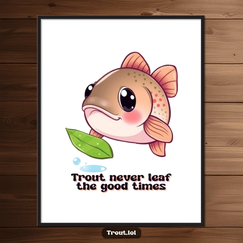 Funny Free Printable Wall Art: A trout with wide, curious eyes stares intently at a floating leaf, creating whimsical downloadable decor.