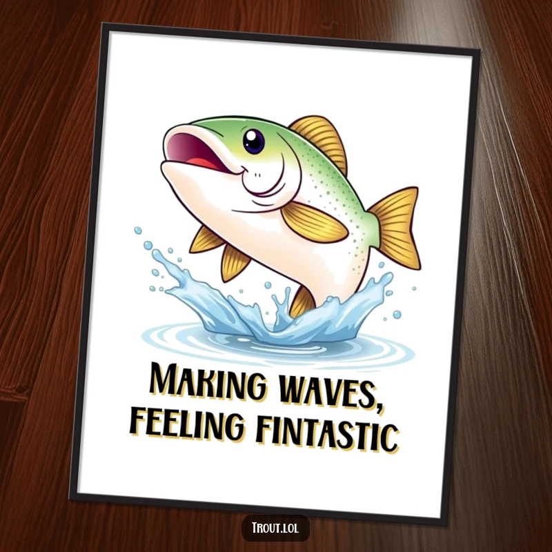 Funny Free Printable Wall Art: A happy, shimmering trout with a wide smile leaps dynamically from a water splash.