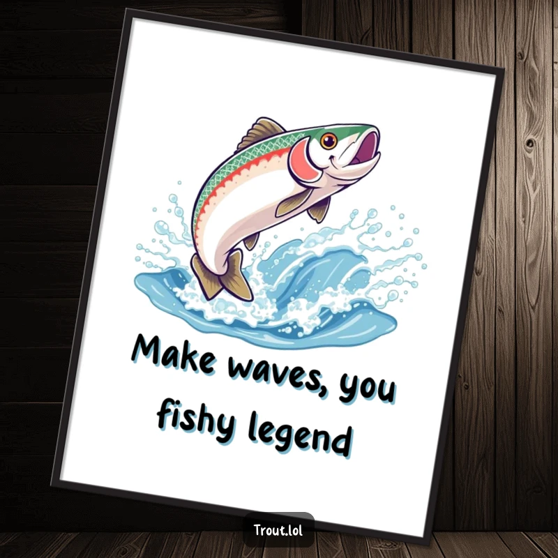 Funny Free Printable Wall Art of a trout joyfully leaping from a sparkling wave, adding a whimsical touch.