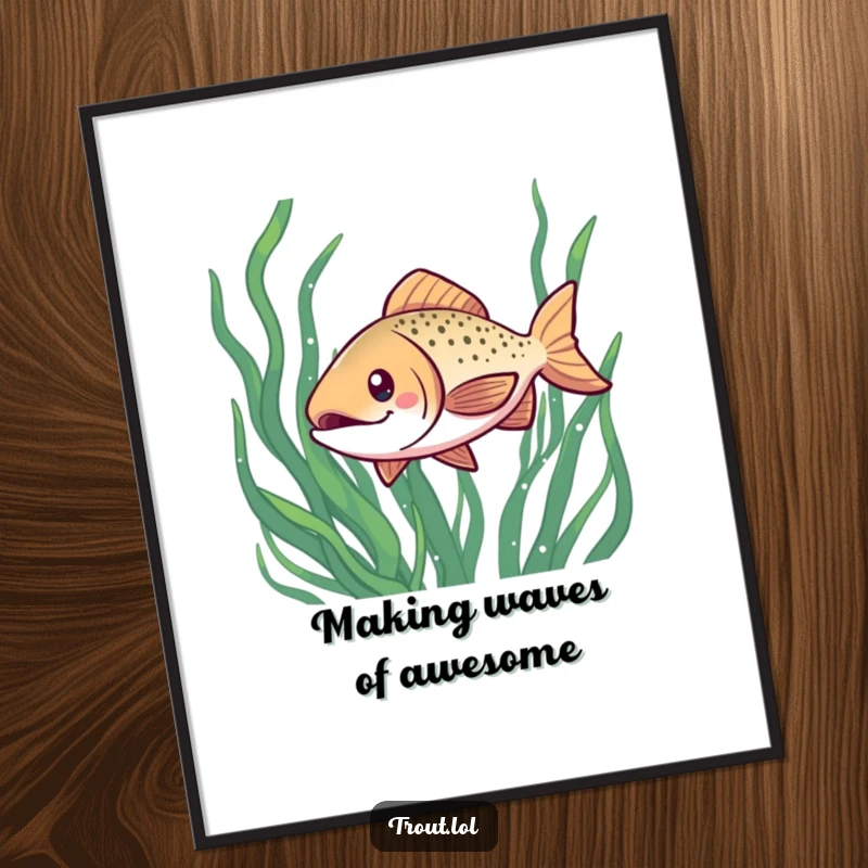Funny Free Printable Wall Art of a kawaii trout with a cheerful grin, darting through seaweed, adding a playful aquatic vibe to decor.