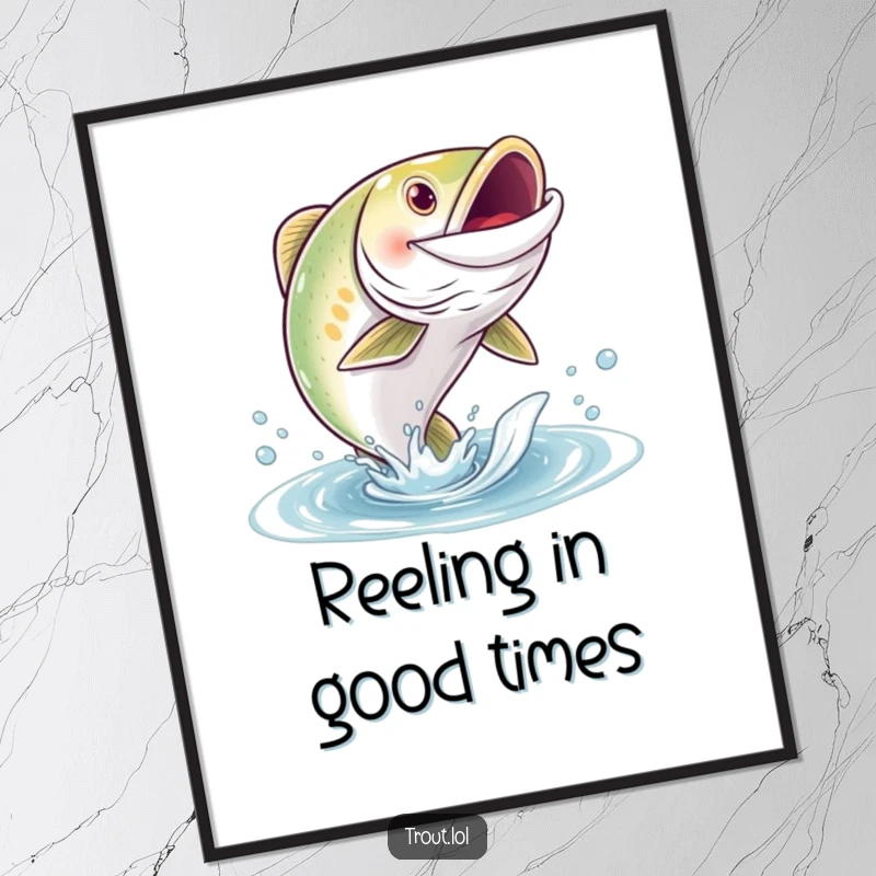 Funny Free Printable Wall Art: A cheerful trout with a wide, happy grin leaps energetically out of the water.
