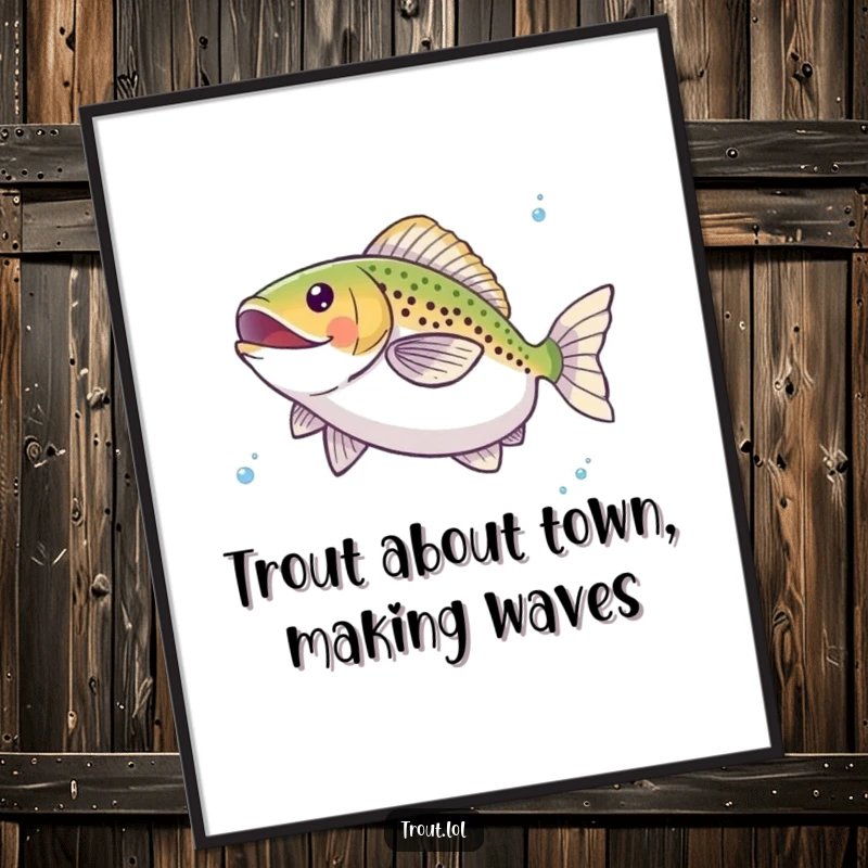 Funny free printable wall art of a trout doing a joyful, energetic twirl beneath the water's surface, capturing aquatic glee.