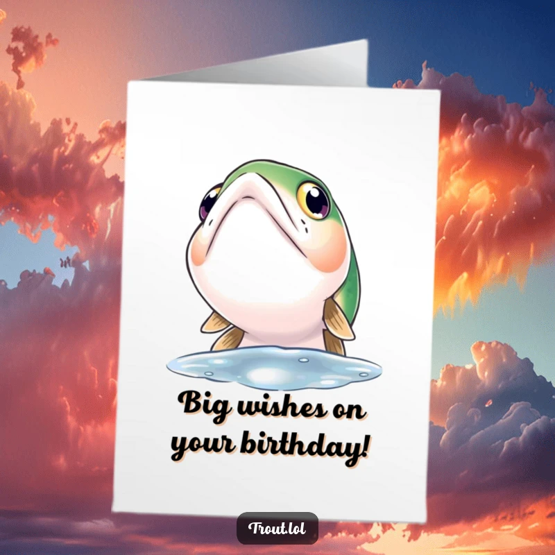 Funny Free Printable Birthday Card featuring a trout looking up with wide, curious eyes, full of wonder and anticipation.