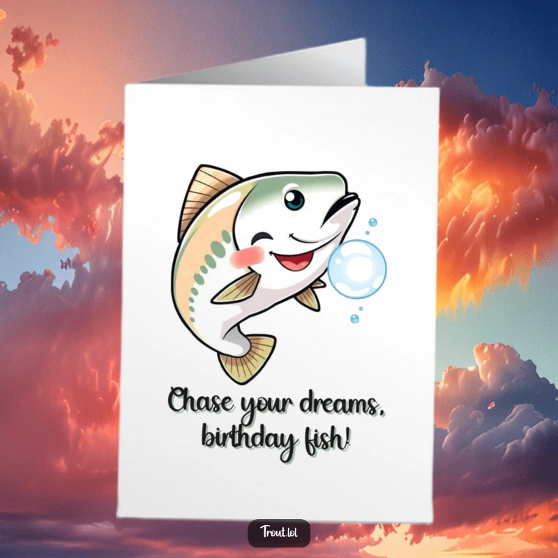 Funny Free Printable Birthday Card featuring a trout grinning while chasing a shimmering bubble, full of playful energy.