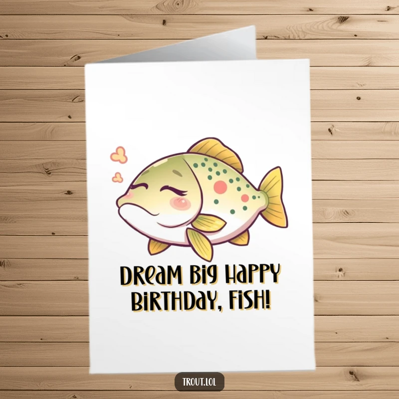 Funny Free Printable Birthday Card: A trout with closed eyes dreams peacefully, creating gentle ripples.