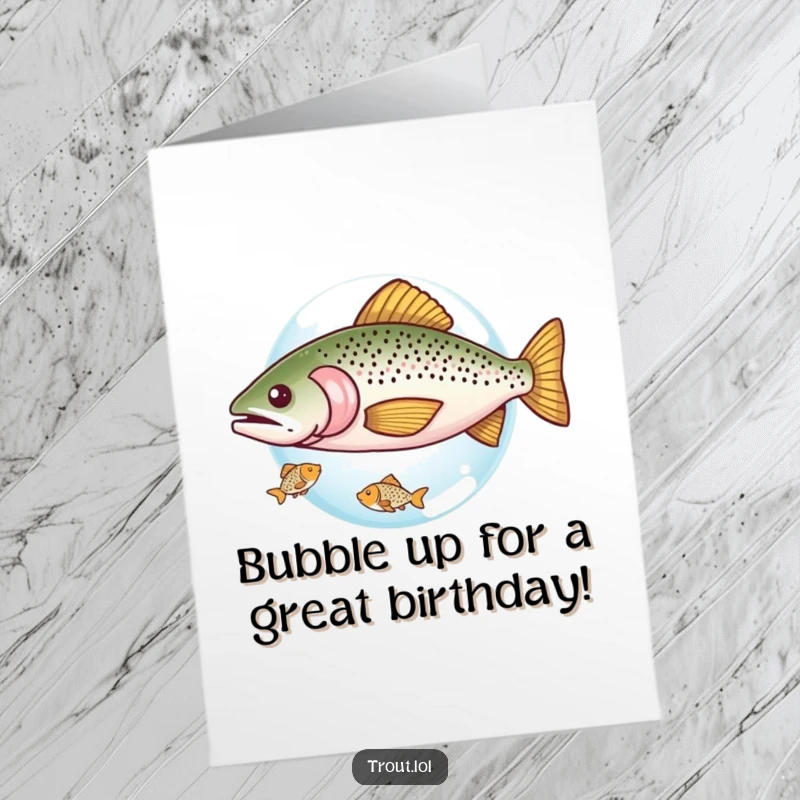 Funny Free Printable Birthday Card: A trout kindly shares a tiny bubble with a smaller fish, a sweet and humorous scene.