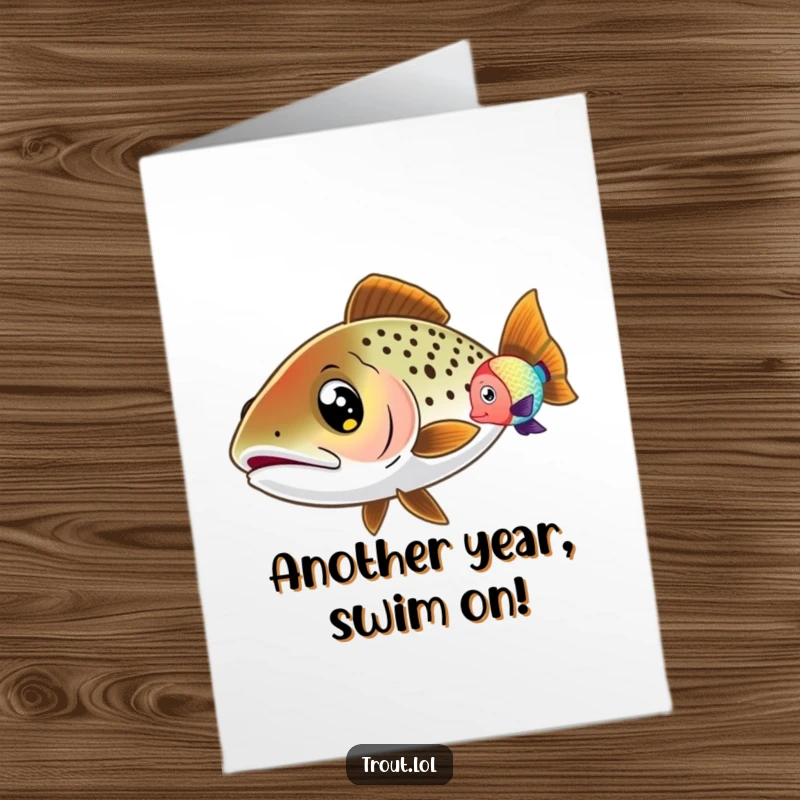 Funny free printable birthday card showing a trout with wide, amazed eyes watching a vibrant, colorful fish swim past.