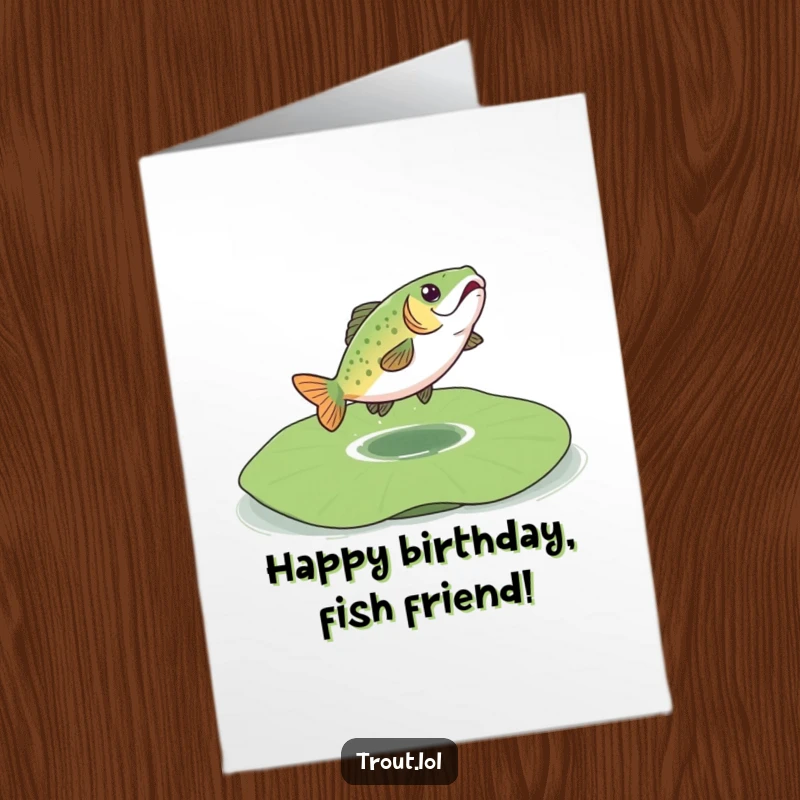 Funny Free Printable Birthday Card: A trout exuberantly bounces on a large, floating lily pad.