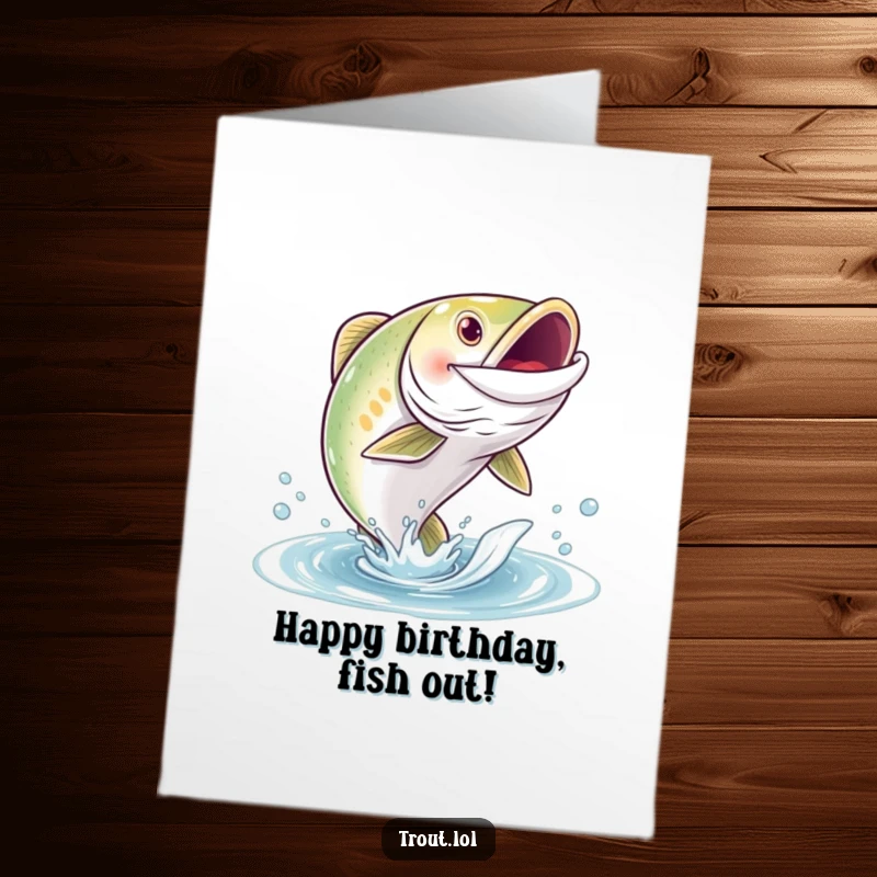 Funny Free Printable Birthday Card: A cute trout with a huge grin leaps joyfully out of the water, celebrating.