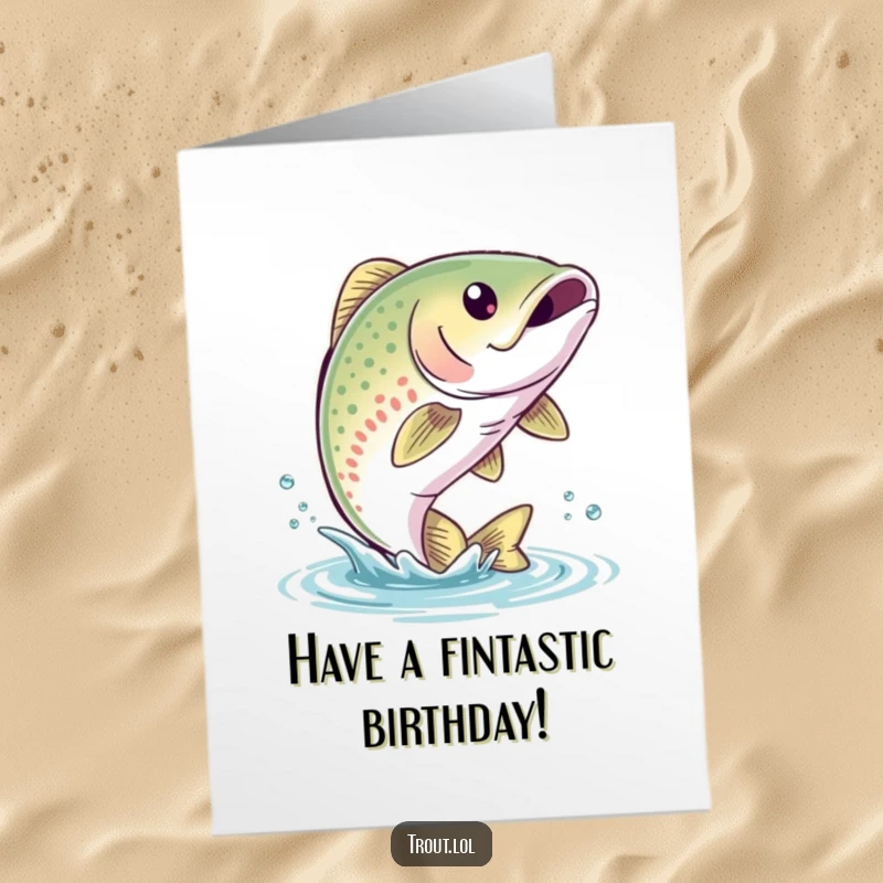 Funny free printable birthday card of a cute trout with a bubbly smile, joyfully leaping out of the water, celebrating BIG.