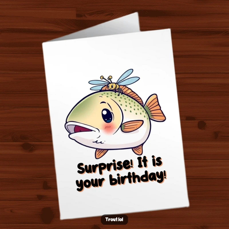 Funny Free Printable Birthday Card: a kawaii trout looks shocked as a dragonfly flies nearby.