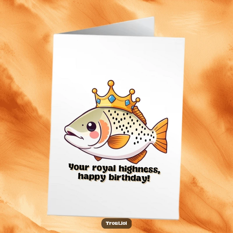 Funny Free Printable Birthday Card featuring a kawaii trout wearing a tiny golden crown, swimming regally.