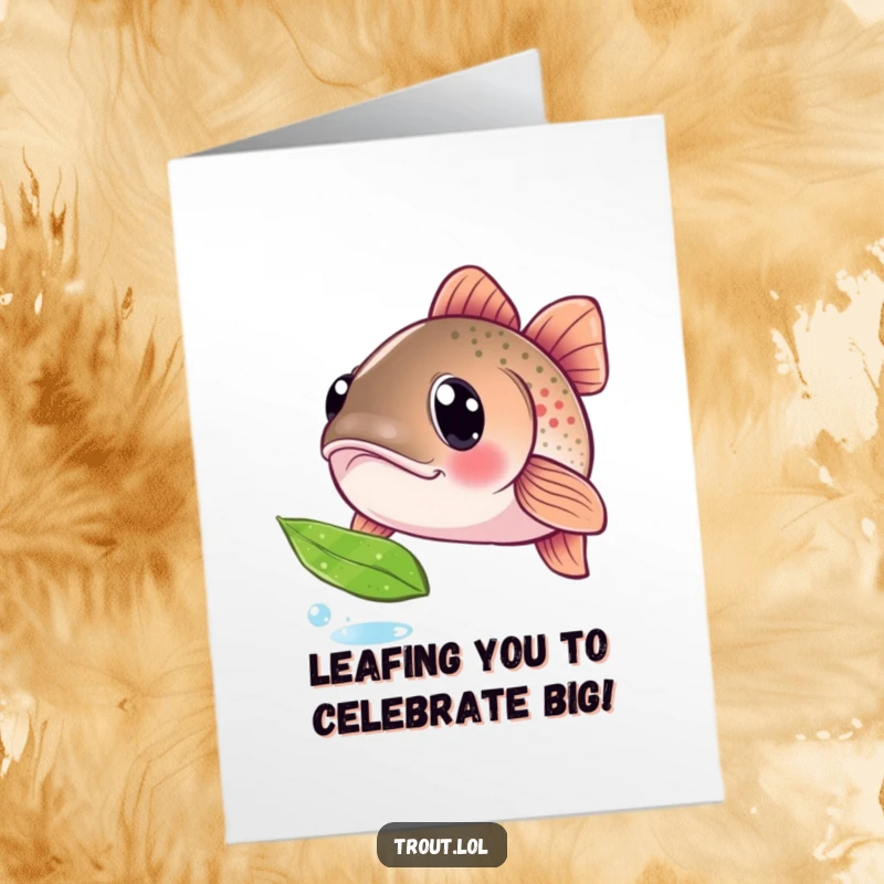 Funny Free Printable Congratulations Card: Curious trout marvels at a leaf, symbolizing thoughtful well-wishes in this downloadable art.