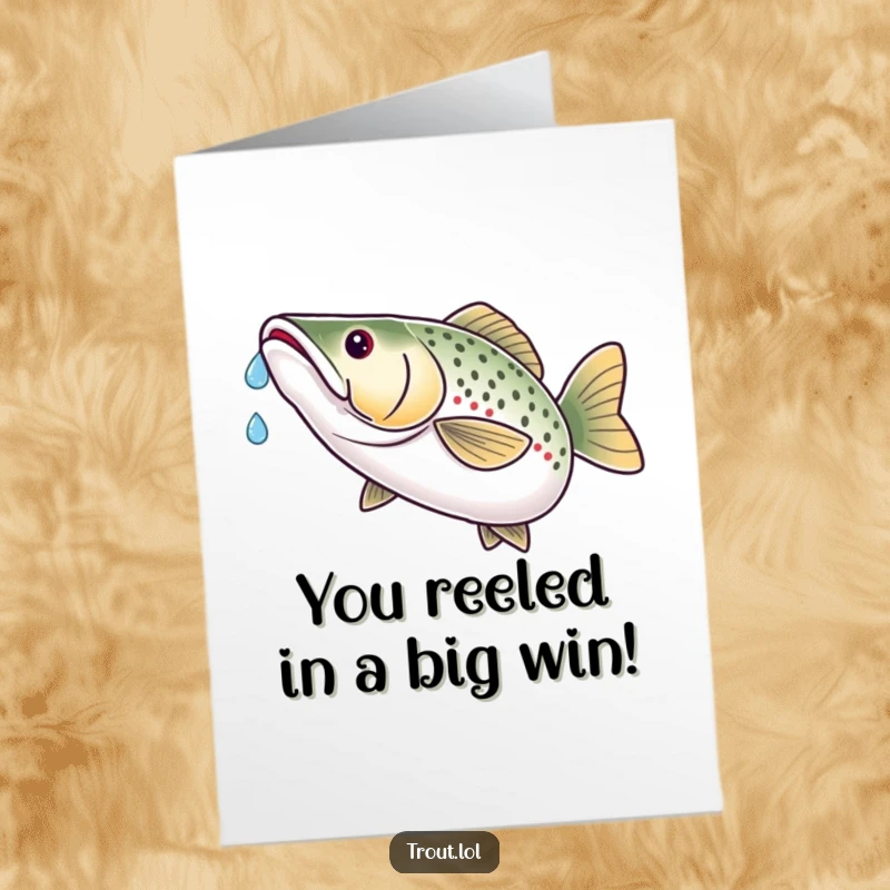Funny Free Printable Congratulations Card: Victorious trout with water droplet on its nose, celebrating a major accomplishment.