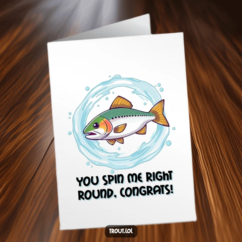 Funny Free Printable Congratulations Card: A trout comically spins in a water swirl, a dynamic and amusing downloadable for celebrating wins.