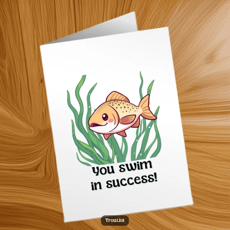 Funny Free Printable Congratulations Card displaying a cheerful, grinning kawaii trout darting through seaweed, celebrating success with aquatic joy.