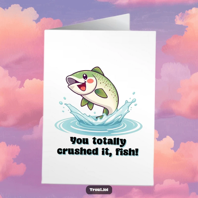 Funny Free Printable Congratulations Card showing a trout making a huge splash, symbolizing a triumphant achievement and exciting news.